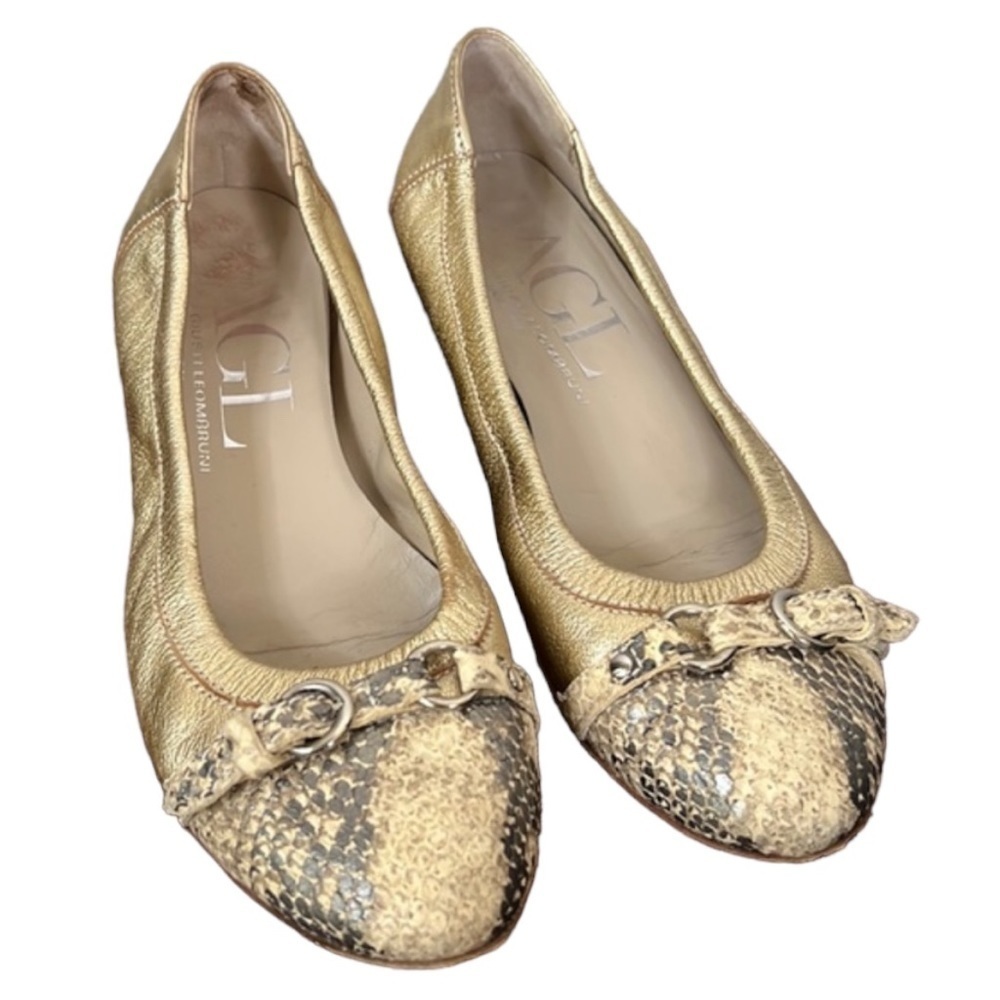 AGL Attilio Giusti Leombruni Monika Gold Metallic Snakeskin Ballet Loafer 37